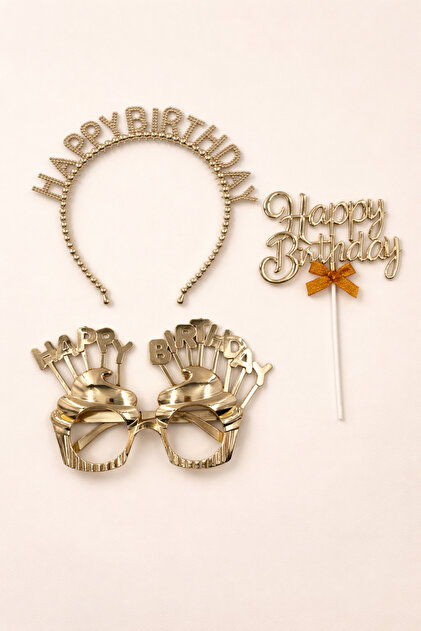 PARTİPORT Happy Birthday Gözlük Taç ve Pasta Süsü 3'lü Doğum Günü