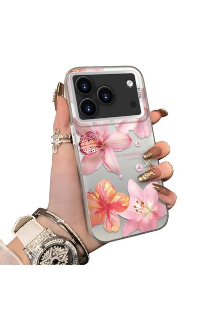 iPhone 17 Pro Uyumlu Sert Akrilik Arka Silikon Kenar Lens Koruma Kılıf zambak deseni