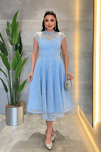 giyimmasal Lace Sequin Fabric Midi Dress - Baby Blue- Trendyol giyimmasal Lace Sequin Fabric Midi Dress - Baby Blue- Trendyol