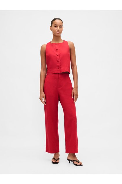 Kadın Kırmızı Keten Karışımlı Relaxed Straight Ankle Pantolon