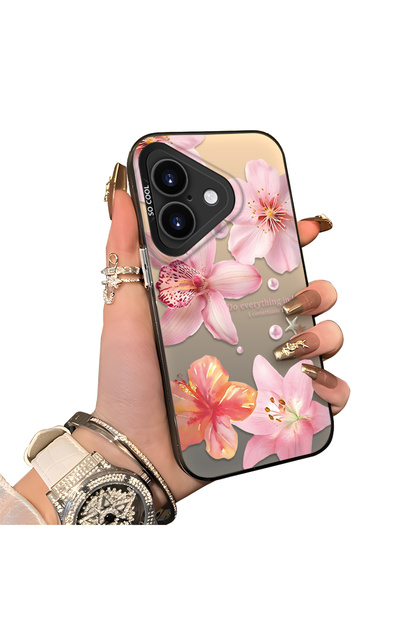 iPhone 16 Plus Compatible Hard Acrylic Back Silicone Edge Lens Protection Case Lily Pattern