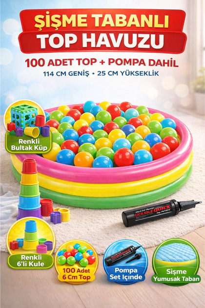 Şişme Tabanlı Renkli Top Havuzu 114 cm – 100 Adet 6cm Top + Pompa Bultak Küp ve 6’lı Kule Oyun Seti