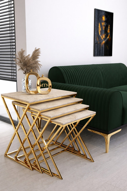 MASAL 4'LÜ KARE ZİGON GOLD KAPLAMA TRAVERTEN (MAT) MEBRAN MDF