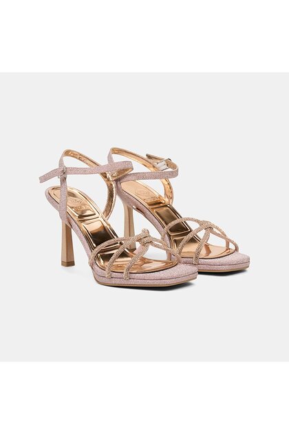 Desa Women's Rose Gold Stone-Embellished Adjustable Buckle Heeled Evening Dress  Sandals- Trendyol