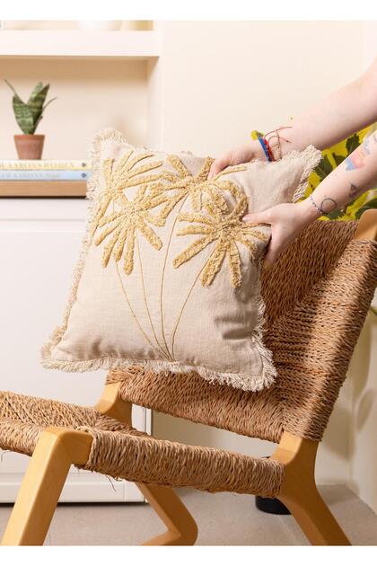 Bohemian Palm Tree Patterned Cushion Beige 45 X 45 cm