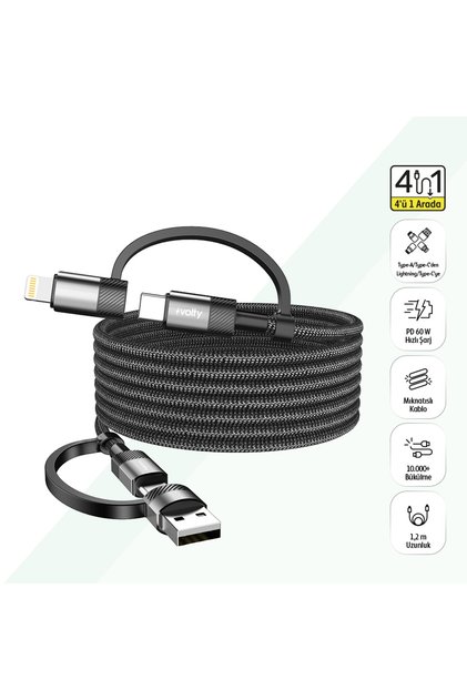 Çoklu Hızlı Şarj Kablosu 4 in 1 | USB-A/C to Type-C/Lightning, 60W, 1.2m, Örgülü, Manyetik Başlıklı (Siyah-V0201007)