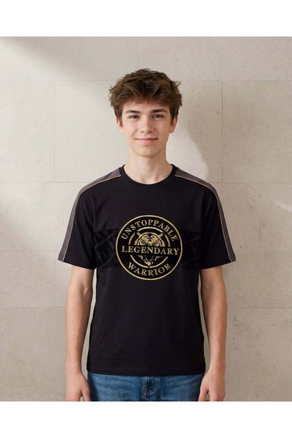 Senior Boys Black Gold Embellished Flock Print Oversized T Shirt