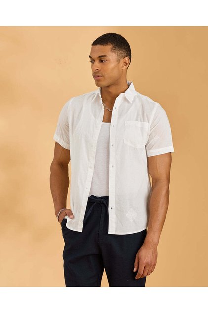 Men White Jacquard Short Sleeve Shirt