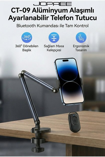 Uzaktan Kumandalı Masa Kelepçeli Telefon Stand 58cm 360° Döner Tablet Uyumlu | CT09