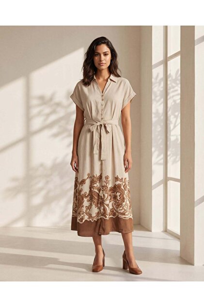Women Beige Placement Print Button Down Shirt Dress