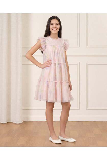 Peach Floral Mesh Layered Dress