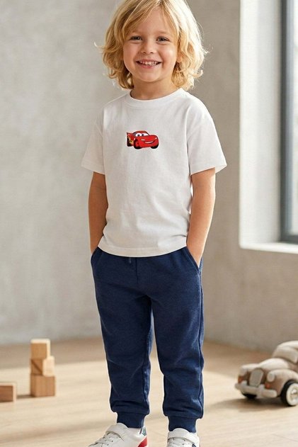 Boy's Ecru Cotton Pack Car Printed T-Shirt and Navy Blue Sweatpants 2-Piece Set