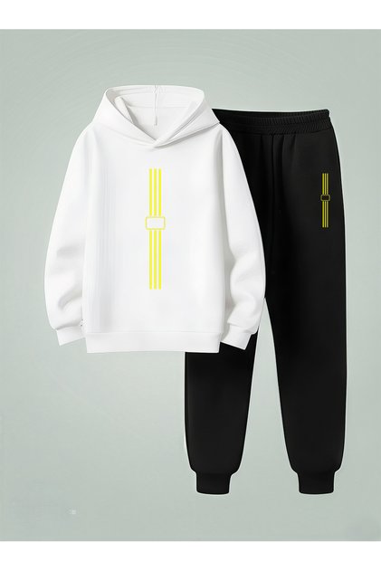 Hooded Kids Boys Girls Unisex Set Yellow Stripes 3 Yarns Shar Brushed Inside Eatshirt - Sweatpants Set