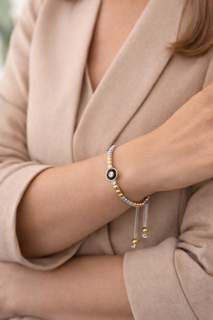 Brățară Dama/Unisex cu Șnur Reglabil, Bicolor Argintiu-Auriu, + Charm Ochi Protector, Elegantă