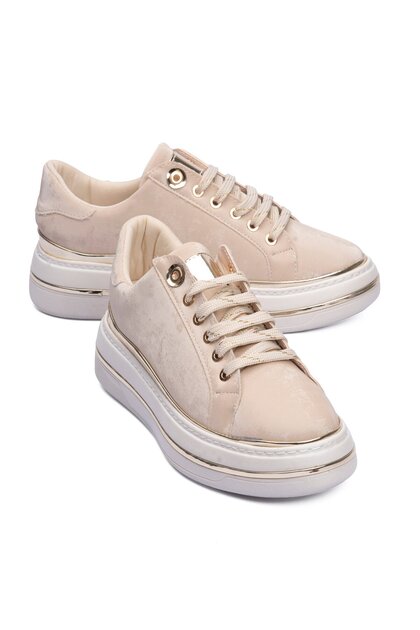 Women's Sneakers Velvet Patterned Gold Detailed Thick Sole Sports Shoes Lilium Beige