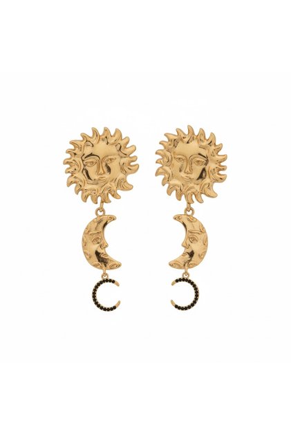Brass Plated Gold Sun and Moon Pendant Earrings