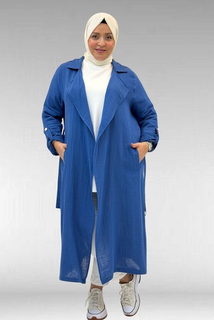 63006 Plus Size D Ring Detailed Muslin Trench Coat - Indigo