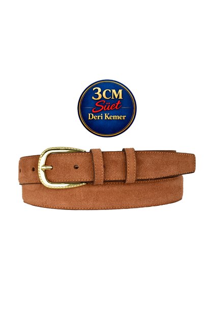 Genuine Leather , 3 cm Gold Color Buckled , Cinnamon Suede , Stitched Classic Women's Belt I, 3Cmkla31