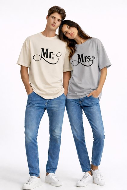 Lover Couple Combination Mr Mrs Ring Detailed Couple T-Shirt Engagement Promise Partner Combination Set Beige