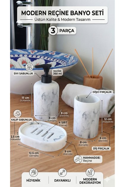 Marble Banyo Seti 3 Parça