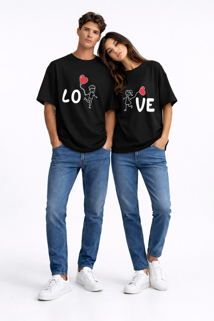 تي شيرت للزوجين مطبوع عليه Love من Lover Combination، مجموعة ملابس كبيرة الحجم للجنسين