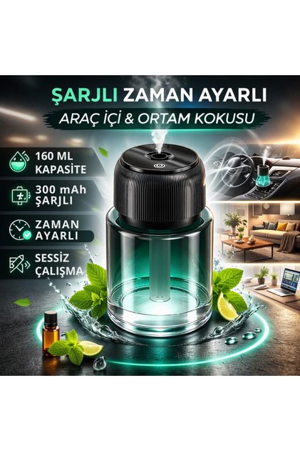Şarjlı Araç İçi Ortam Koku Difüzörü | Zaman Ayarlı | Sessiz Çalışma | 160ML Kapasiteli | 300mAh Şarjlı