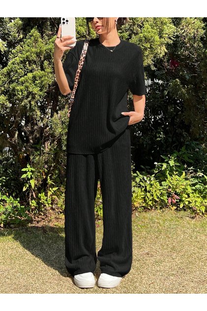 Black Textured Longline T-Shirt and Pants Co-Ords