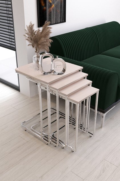 LALE 4'LÜ TEKERLİ ZİGON GÜMÜŞ KAPLAMA KREM MDF (DEMONTEDİR)