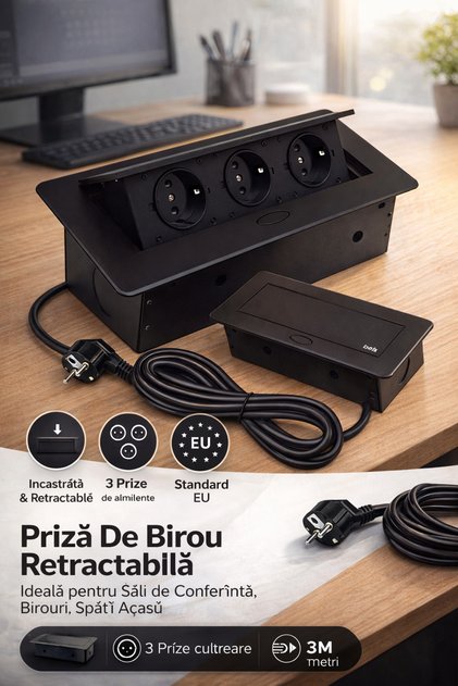 Priză încorporată triplă dreptunghiulară NewTECH pentru blat, finisaj negru, 26,5 x 12 x 7 cm
