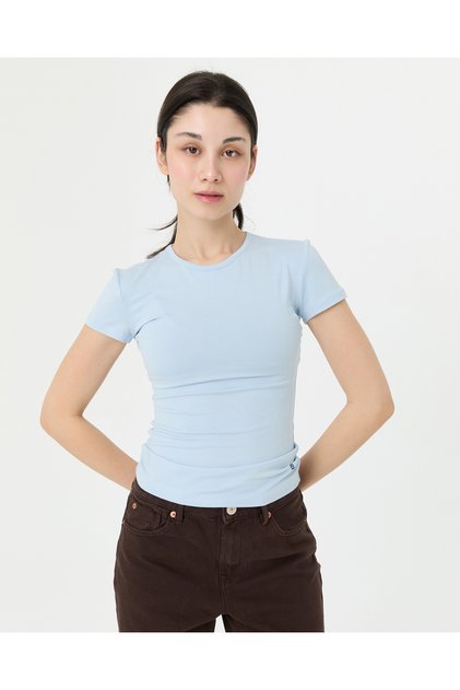 Women's Baby Blue Ecovero ™ Viscose Crew Neck Short Sleeve Basic T-Shirt with Logo Detail