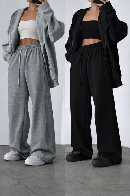 Two Pieces Black Gray Stylish Comfortable Cut Trackpants