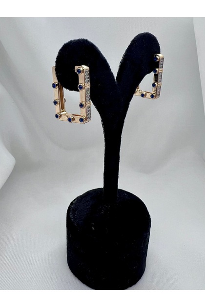 Gold Rectangular Navy Blue Stone Detailed Serenay Leyla Steel Earrings