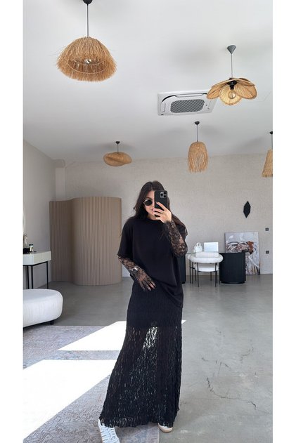 Siyah Dantel Maxi Beli Lastikli Etek