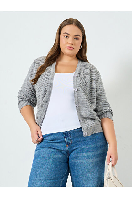 Plus Size Grey Knitted Cardigan with Buttons