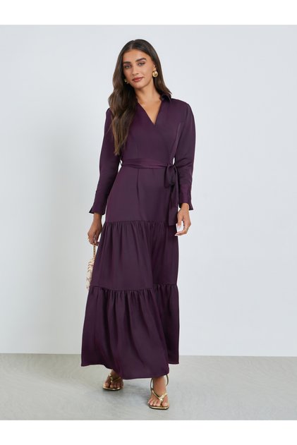 Purple Tiered Maxi Dress with Tie Belt