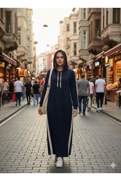 Striped, Detailed, Plus-Size, Relaxed-Fit Hooded Dress - Navy Blue