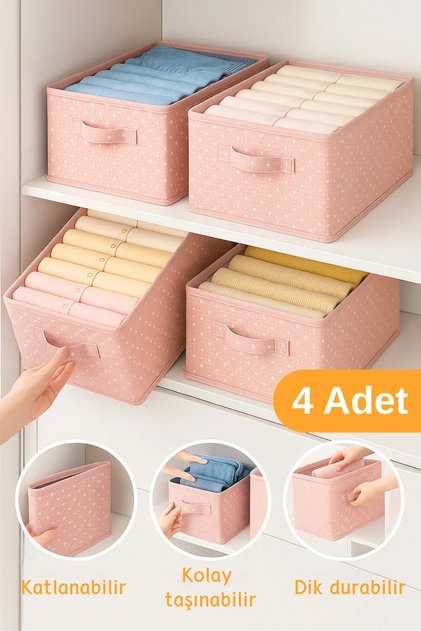 4 Adet - Kıyafet Saklama Kutusu | Dolap Içi Düzenleyici 45x25x20cm - Pembe Puantiye