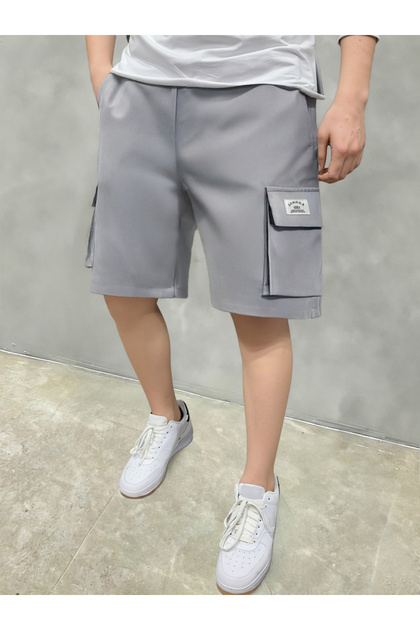 Grey Solid Multi Pockets Cargo Shorts