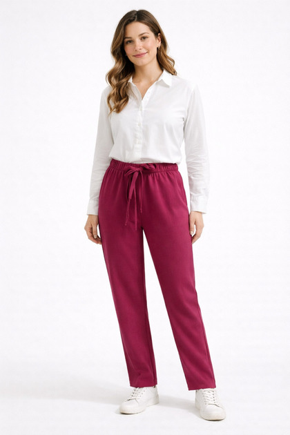 Women's Elastic Waist Lace-Up Comfortable Cut Pants Daily Casual Fabric Trousers Purple -
