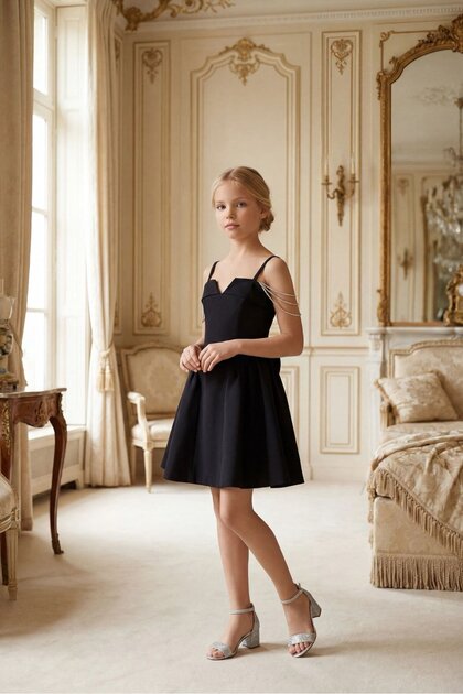 little girls black formal dress Evening Gown Decorator Dresses For BUTİKHAPPYKİDS Girl's Evening Black Short Crepe Dress Stone chainmail silver dress
