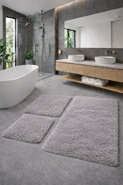 Plush , Pufy , Soft, Non-Slip Sole , Washable , 60X100-60X50-30X40 Cm, 3-Piece Bathroom Set