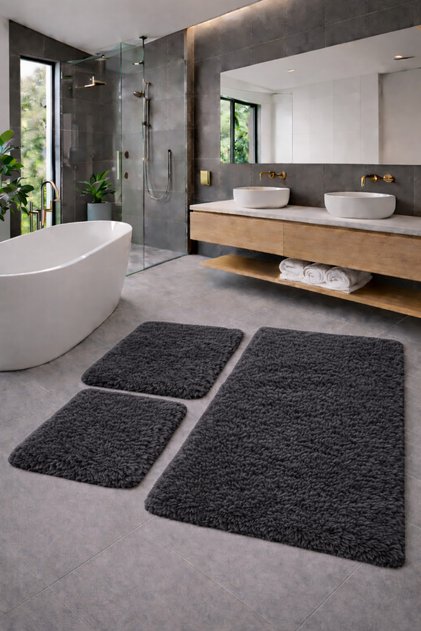 Plush , Pufy , Soft, Non-Slip Sole , Washable , 60X100-60X50-30X40 Cm, 3-Piece Bathroom Set