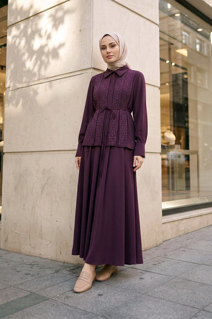 Front Embellished, Belted Tunic and Skirt Set in Modal, Plum