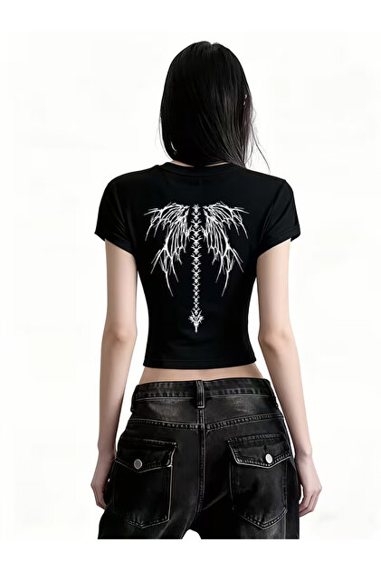 Women's Skull Wing Back Printed Cropped T-Shirt
