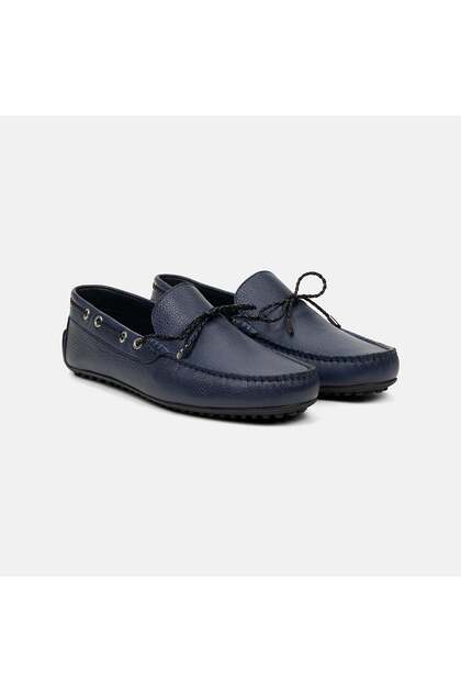 Erkek Lacivert Zımba Detaylı İpli Deri Loafer