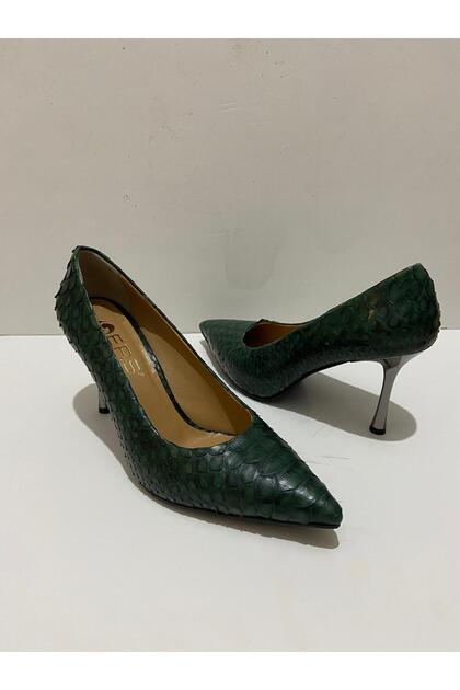 Hakiki Yılan Derisi Yeşil Kadın Stiletto 9 cm İnce Topuk Şık Sivri Burun Topuklu Ayakkabı