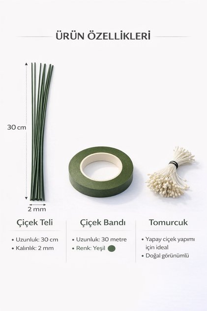 Çiçek Yapım Seti – 10 Adet Çiçek Teli (30 cm) + 30 M Çiçek Bandı + Tomurcuk Çiçek Hobi Seti (Şönil)