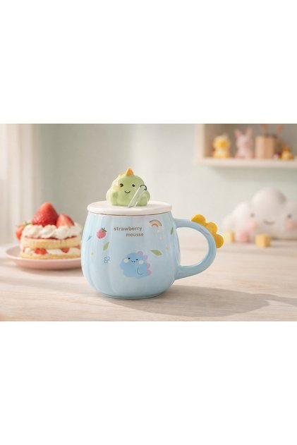 Cute Dinosaur Lid Ceramic Mug 500 ml – Mousse Design Coffee & Tea Cup with Straw