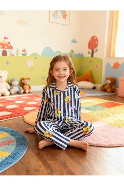 Tweet & Sylvester Character Themed Navy Blue Striped Shirt Collar Girls' Pajama Set