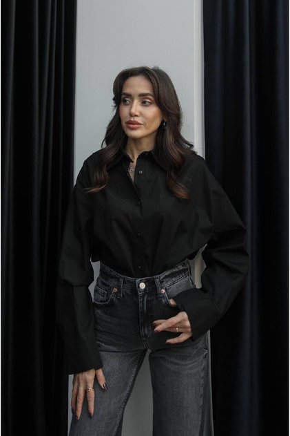 Modern Siyah Oversize Kadın Gömlek Katlı Yaka Düğmeli Şık Günlük Gömlek